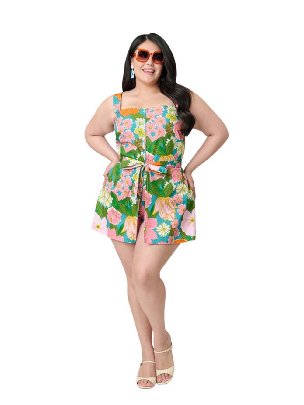 Unique Vintage Floral Romper in Pink, Green & Turquoise